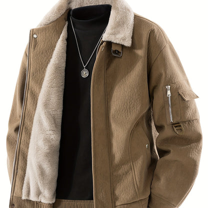 Men's Fleece Jacket with Full-Zip Closure & Fur Collar - Winter Warm Brown Coat