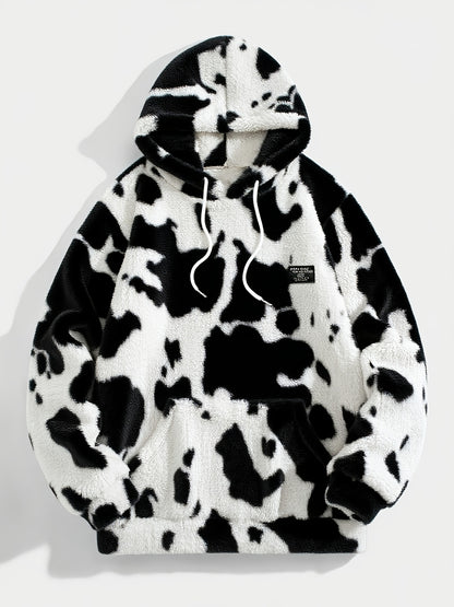 1pc Men'S Plush Hooded Sweatshirt - Soft Warm Winter Pullover with Brown & Cow Print