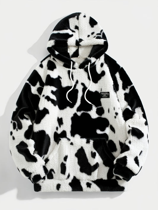 1pc Men'S Plush Hooded Sweatshirt - Soft Warm Winter Pullover with Brown & Cow Print