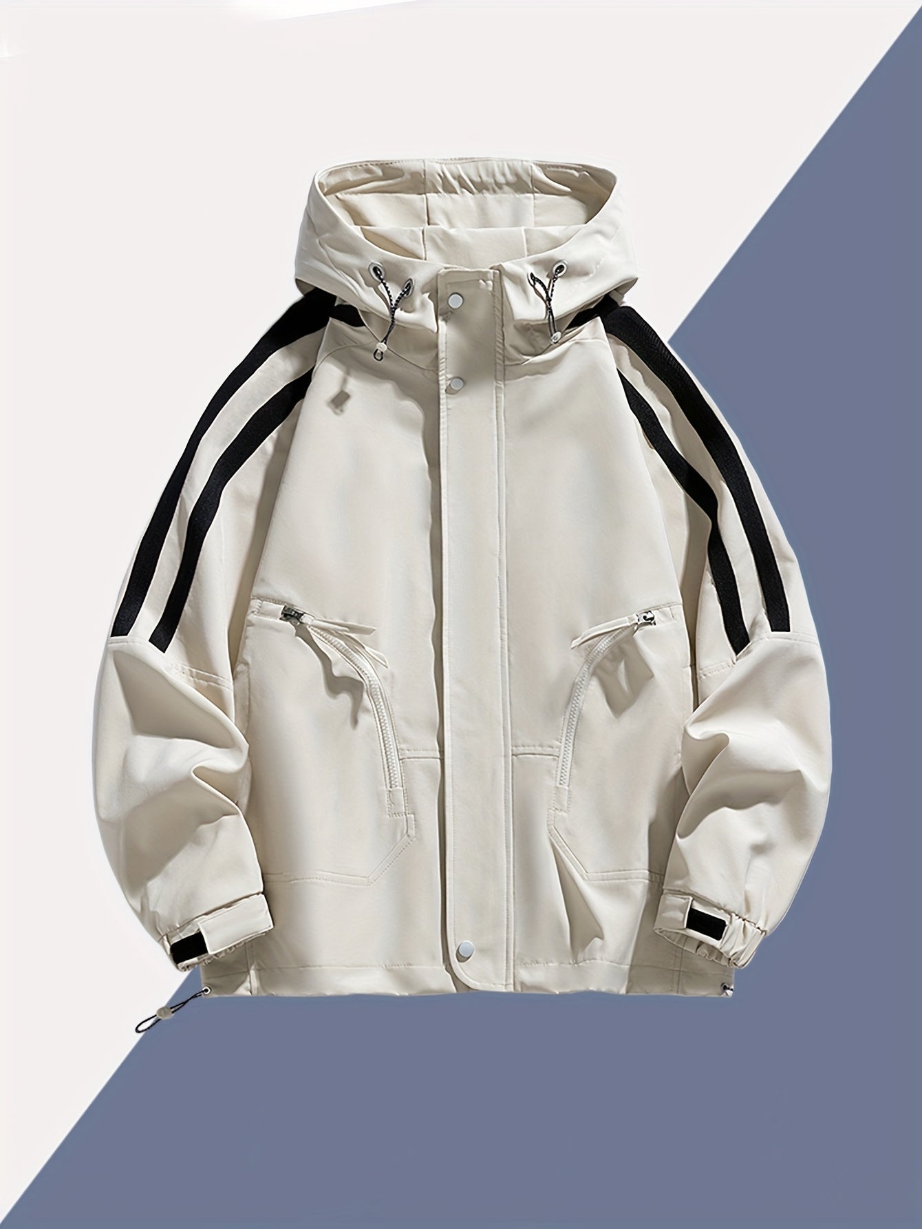 Men's Heavy-Duty Windproof Jacket - Full-Zip Hooded Windbreaker with White Stripe Collar & Cuffs