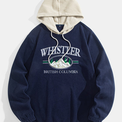 1pc Whistler British Columbia Embroidered Preppy Hoodie for Men - Thick Fleece