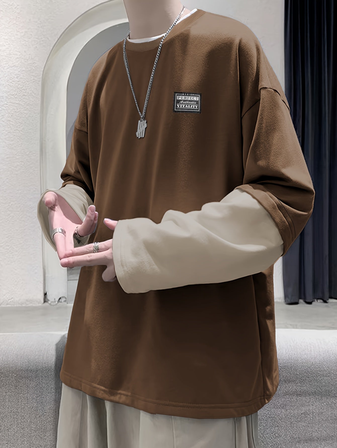 Double-Layer Long-Sleeve T-Shirt for Men, American Chapter Texture Style