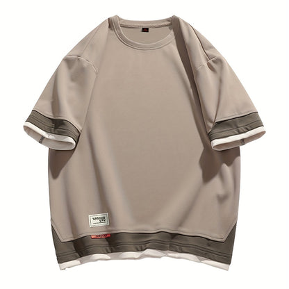 Men's Summer Short Sleeve T-Shirt - Color-Block Half-Zip Design, 100% Polyester Lightweight 100gsm