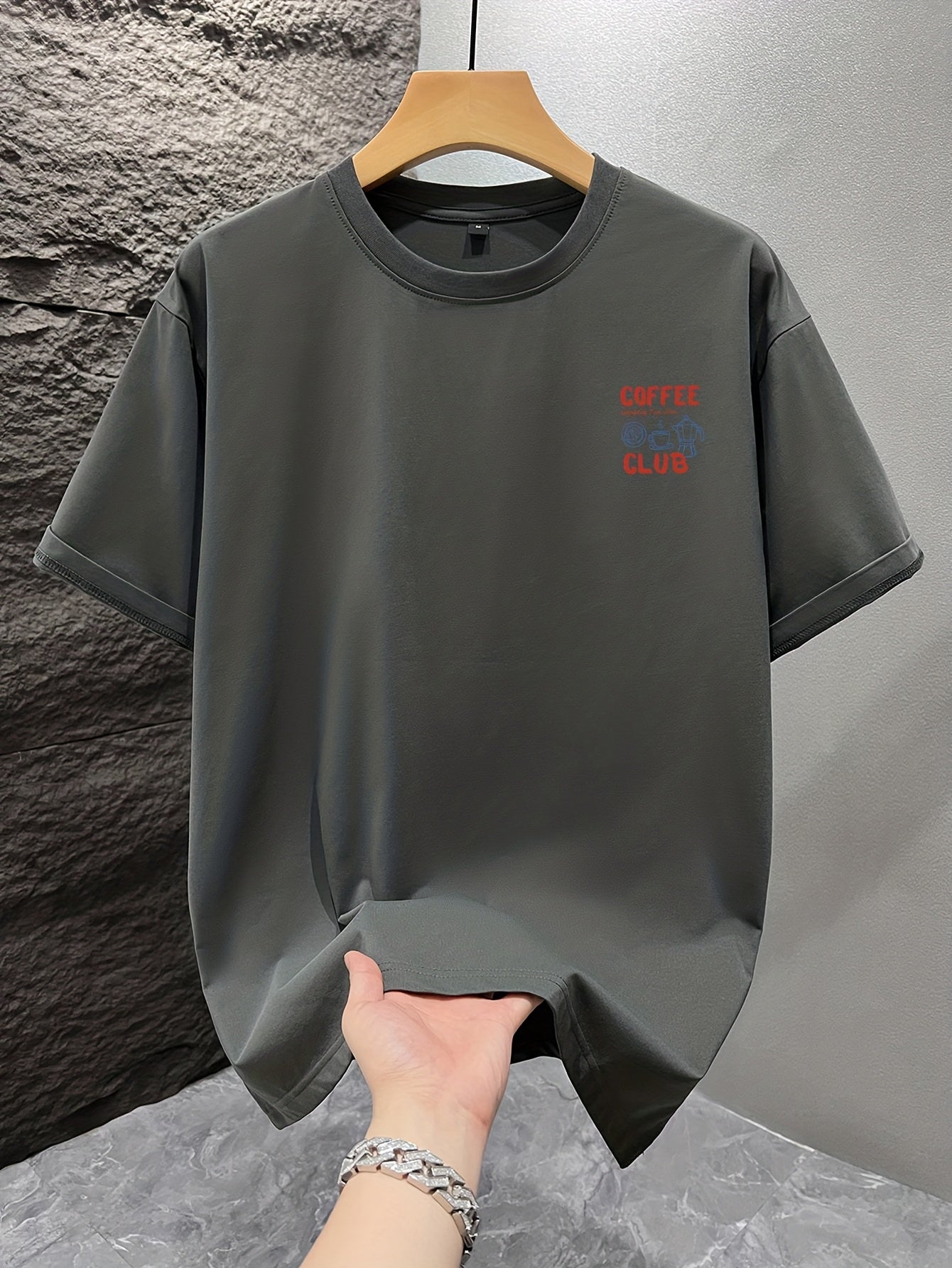 Men's short-sleeve T-shirt, 100% polyester fabric, loose fit, printed with English text and teapot design