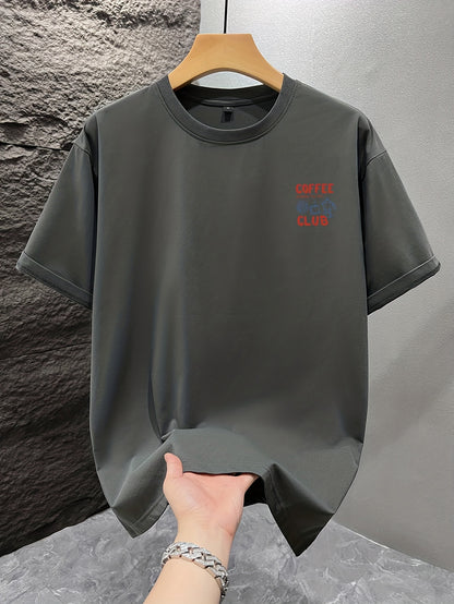 Men's short-sleeve T-shirt, 100% polyester fabric, loose fit, printed with English text and teapot design