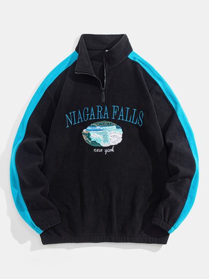Cozy Sweatshirt Cozy Thickened Men's Niagara Falls Embroidered Fleece Zip-Up Sweatshirt