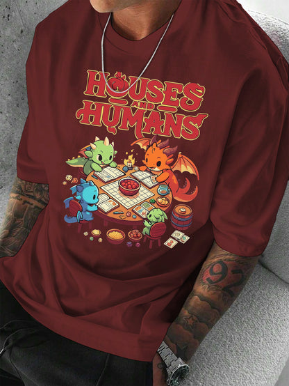 Men'S Casual Short Sleeve T-Shirt with Whimsical Dragon & Cabin Print - \