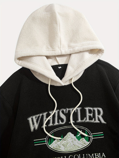 1pc Whistler British Columbia Embroidered Preppy Hoodie for Men - Thick Fleece