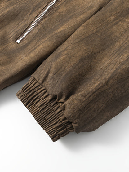 Men'S Vintage-Inspired Faux Leather Jacket - Loose Fit, Long Sleeve, Zip-Up with Chest Pockets