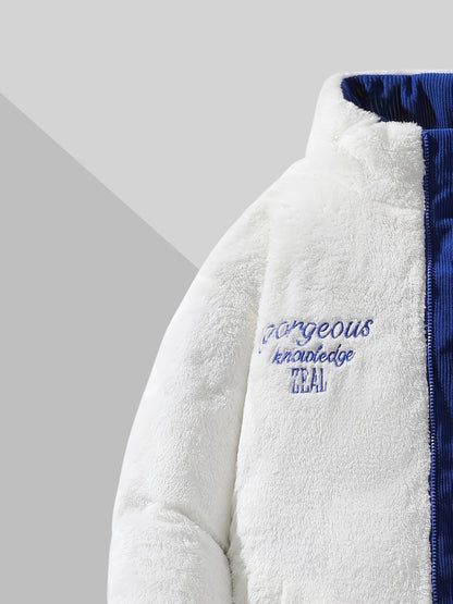 Men's Reversible Winter Jacket with Fleece Lining - Two-Sided Full-Zip Coat, Stand Collar & Logo Patch (R)