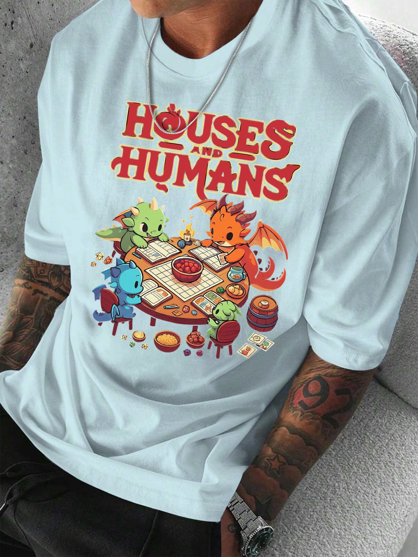 Men'S Casual Short Sleeve T-Shirt with Whimsical Dragon & Cabin Print - \