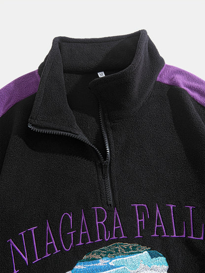 Cozy Sweatshirt Cozy Thickened Men's Niagara Falls Embroidered Fleece Zip-Up Sweatshirt