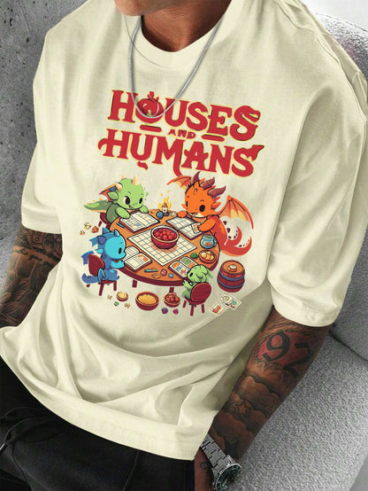 Men'S Casual Short Sleeve T-Shirt with Whimsical Dragon & Cabin Print - \