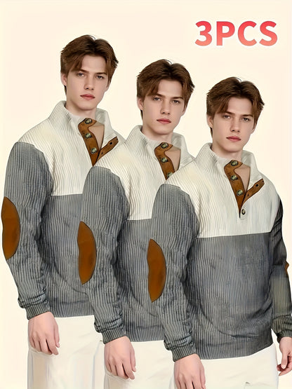 3pcs Retro Color Block Fashion Hoodie - Men'S Casual V-neck Men'S Clothing With Hoodie Top, Fashionable Outfit