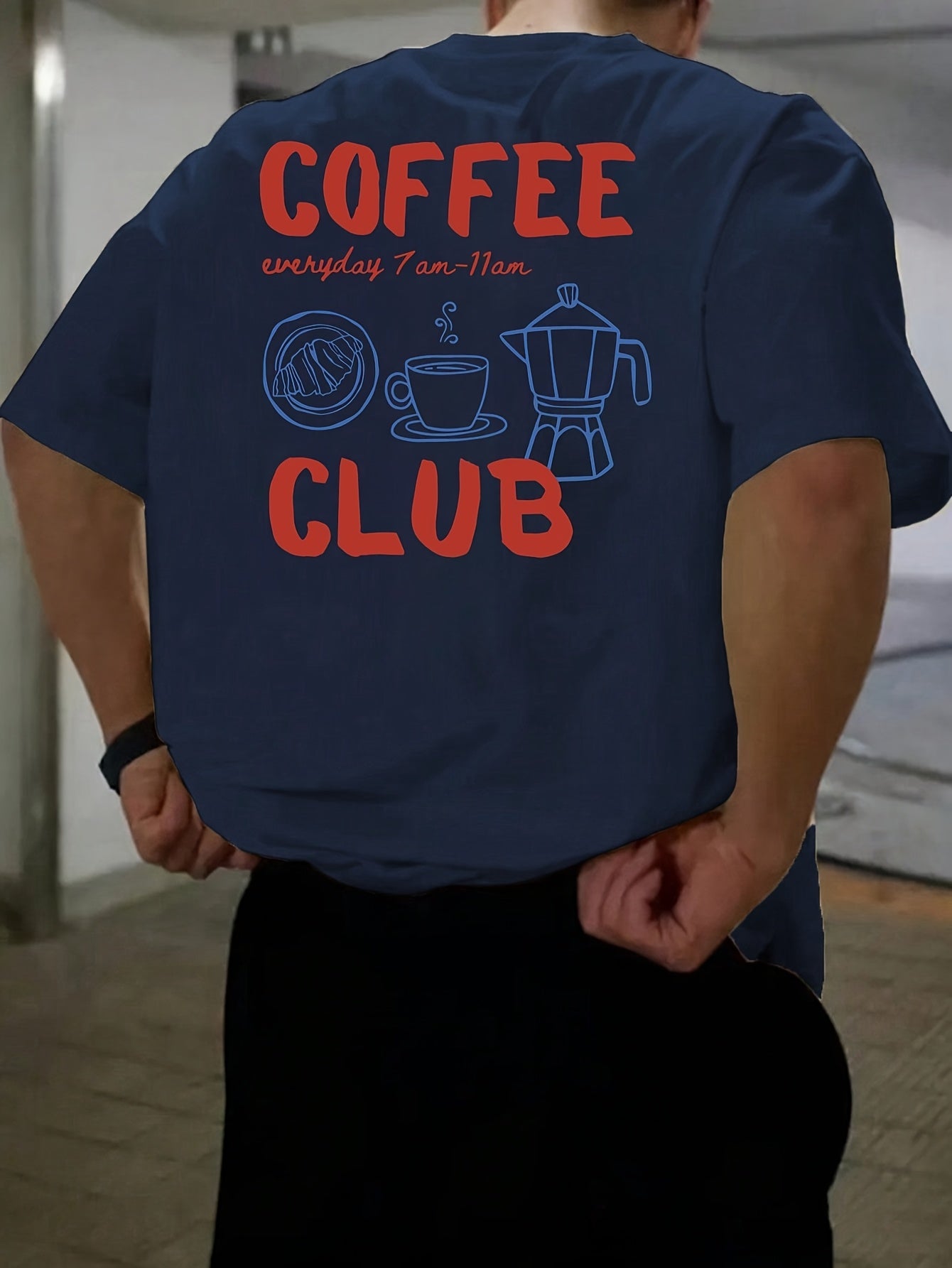 Men's short-sleeve T-shirt, 100% polyester fabric, loose fit, printed with English text and teapot design