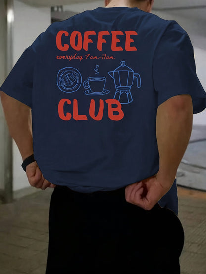 Men's short-sleeve T-shirt, 100% polyester fabric, loose fit, printed with English text and teapot design