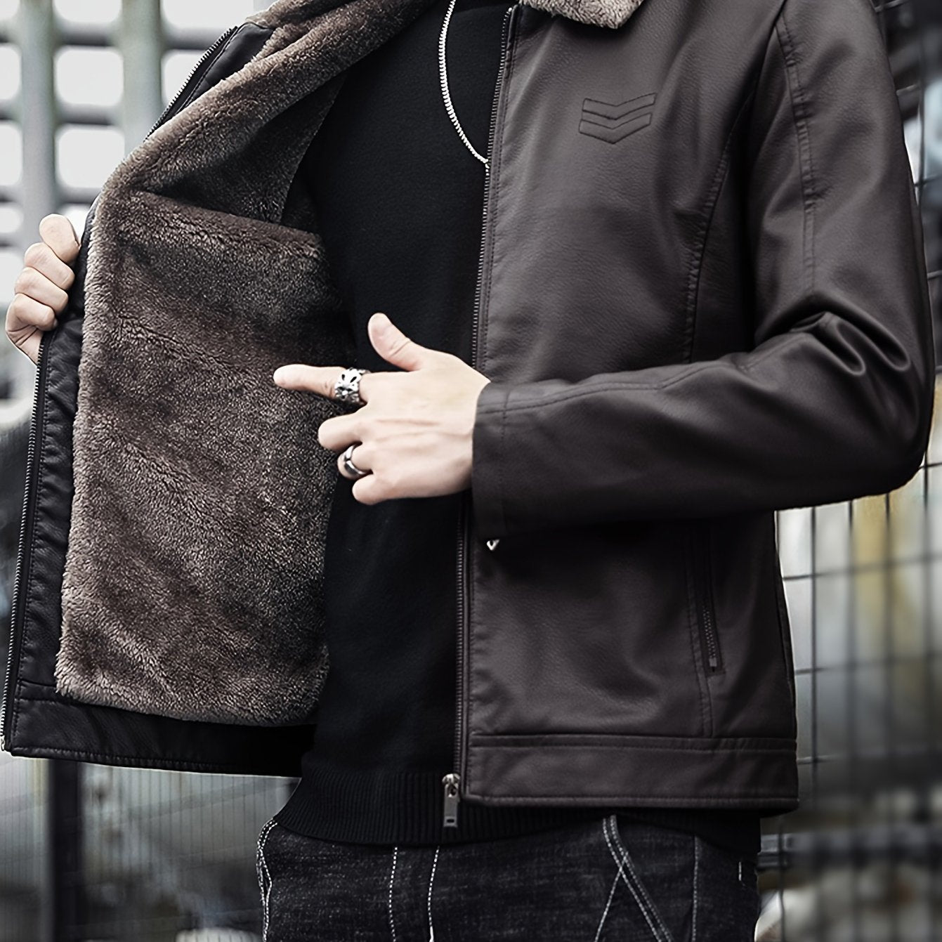 Warm Windproof PU Jacket Warm Windproof Men's Casual PU Jacket with Fleece Lining