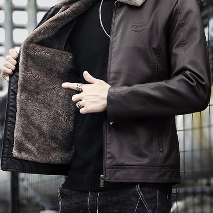 Warm Windproof PU Jacket Warm Windproof Men's Casual PU Jacket with Fleece Lining