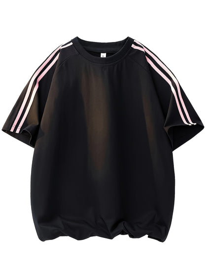 2pcs Men'S & Women'S Short Sleeve T-Shirts with Side Stripes - Comfortable Lightweight Polyester