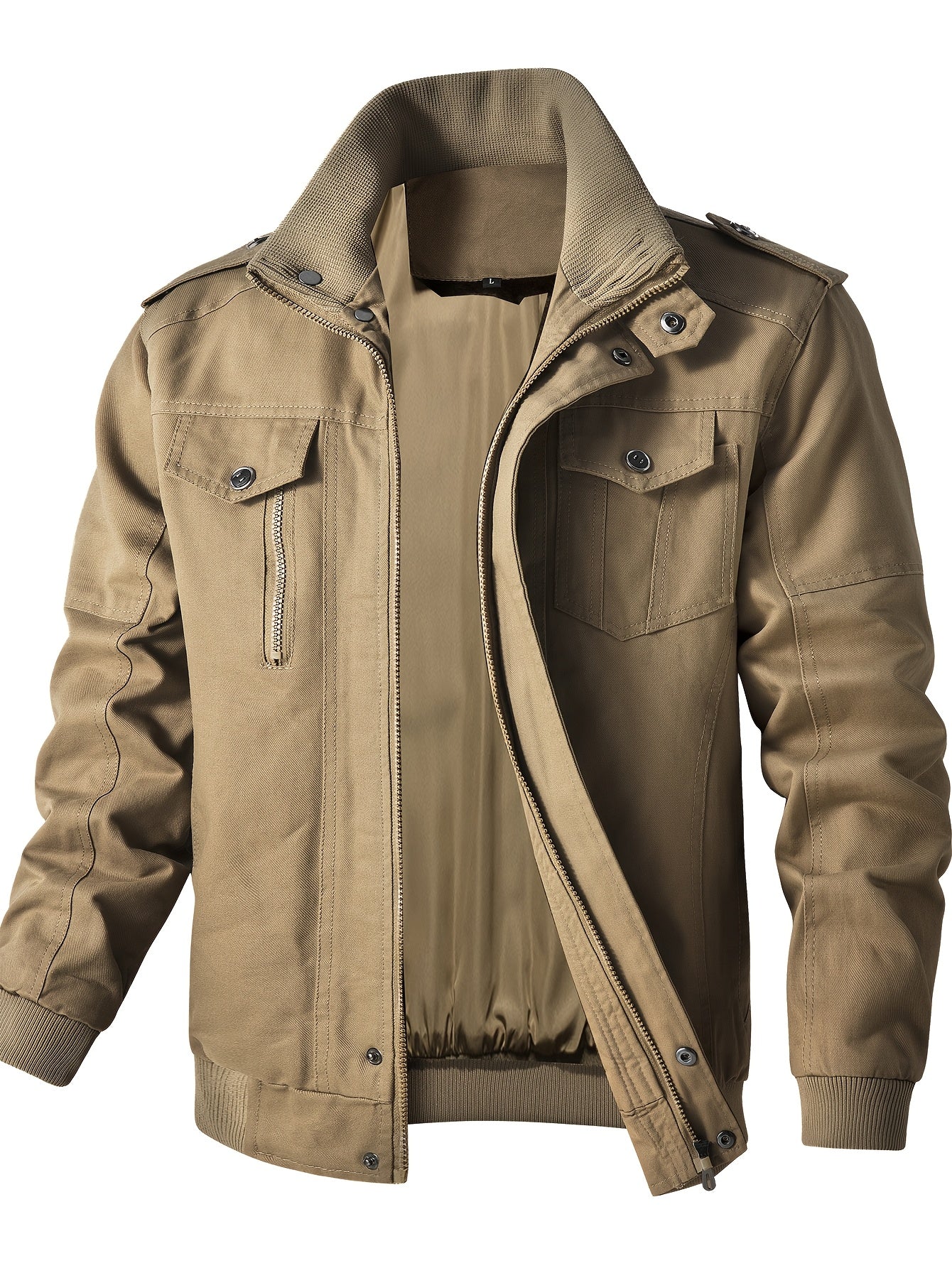 Men'S Windproof Cargo Jacket with Zipper Pockets - Olive Green, Casual Style