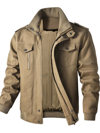 Men'S Windproof Cargo Jacket with Zipper Pockets - Olive Green, Casual Style