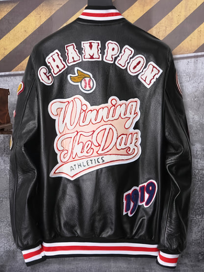 Men'S Embroidered Baseball Jacket, Casual Faux Leather with Polyester Lining, Stand Collar