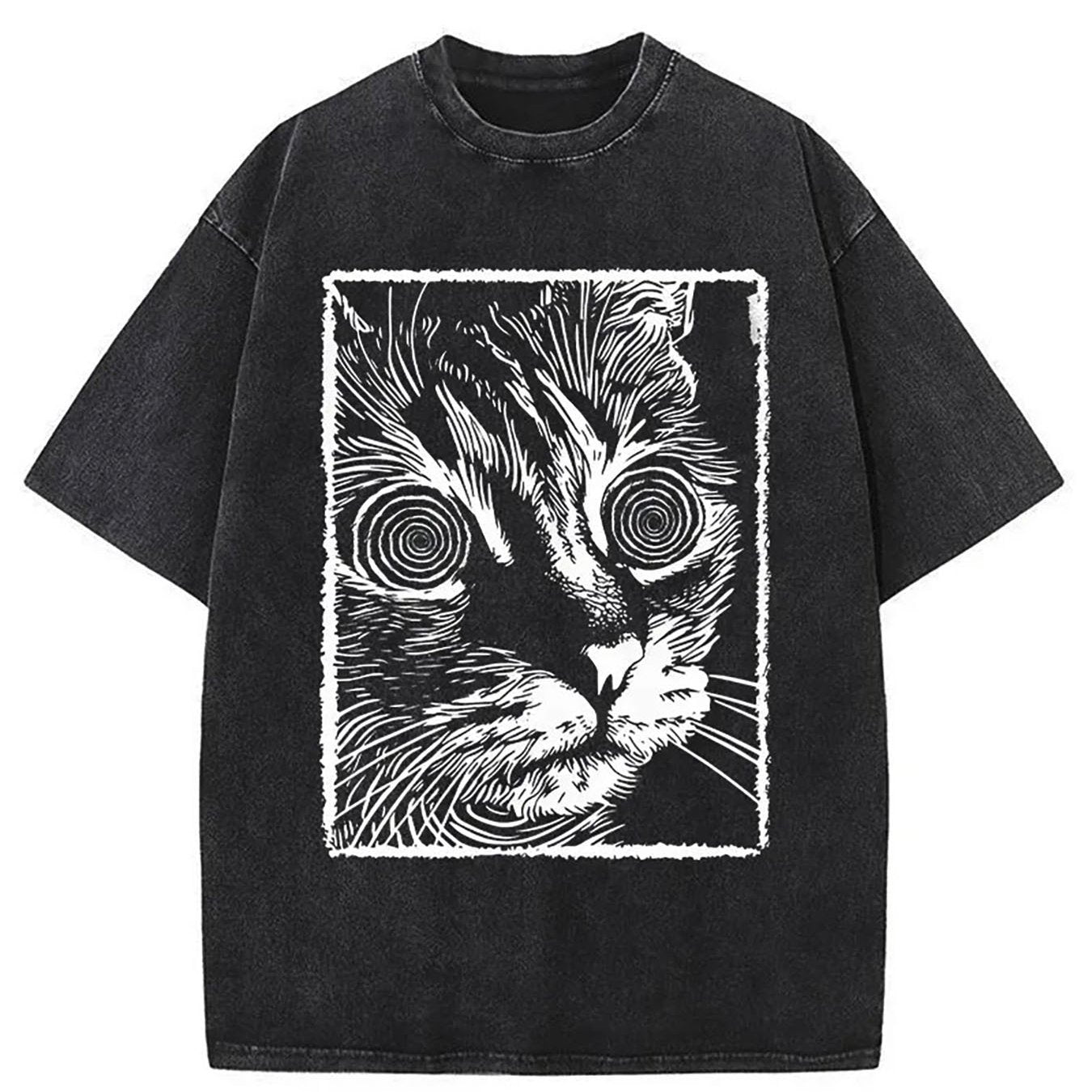 1pc, Vintage-Inspired Surprised Kitten Print T-Shirt, High-Quality Waxed Cotton, Relaxed Fit, Short Sleeve, Round Neck