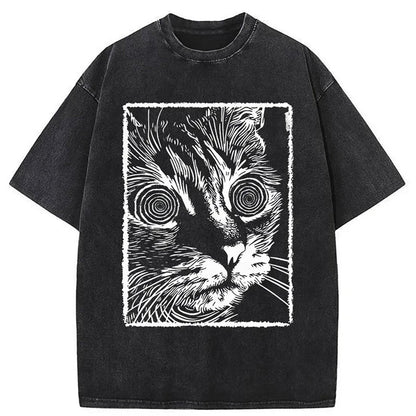1pc, Vintage-Inspired Surprised Kitten Print T-Shirt, High-Quality Waxed Cotton, Relaxed Fit, Short Sleeve, Round Neck