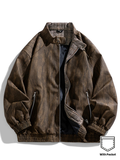 Men'S Vintage-Inspired Faux Leather Jacket - Loose Fit, Long Sleeve, Zip-Up with Chest Pockets