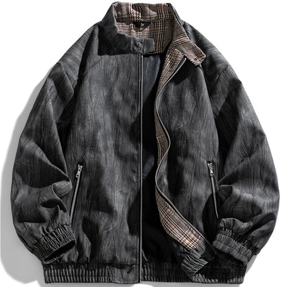 Men'S Vintage-Inspired Faux Leather Jacket - Loose Fit, Long Sleeve, Zip-Up with Chest Pockets