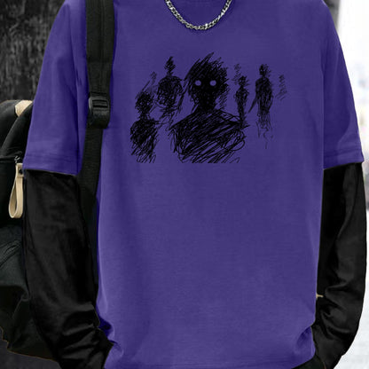 Color Matching Fake Two Men's Casual Loose Long-sleeved - Line Figure Printing T-shirts