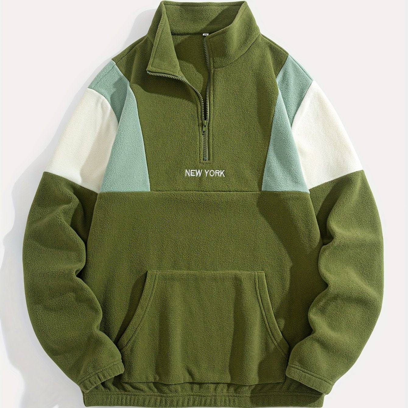 Preppy Style Embroidered Fleece Sweatshirt - Color Block Knit Fabric, Long Sleeve, Collared Neck