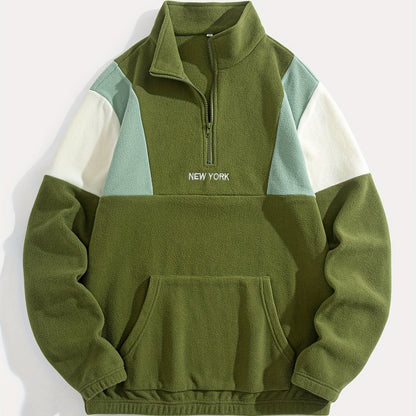 Preppy Style Embroidered Fleece Sweatshirt - Color Block Knit Fabric, Long Sleeve, Collared Neck