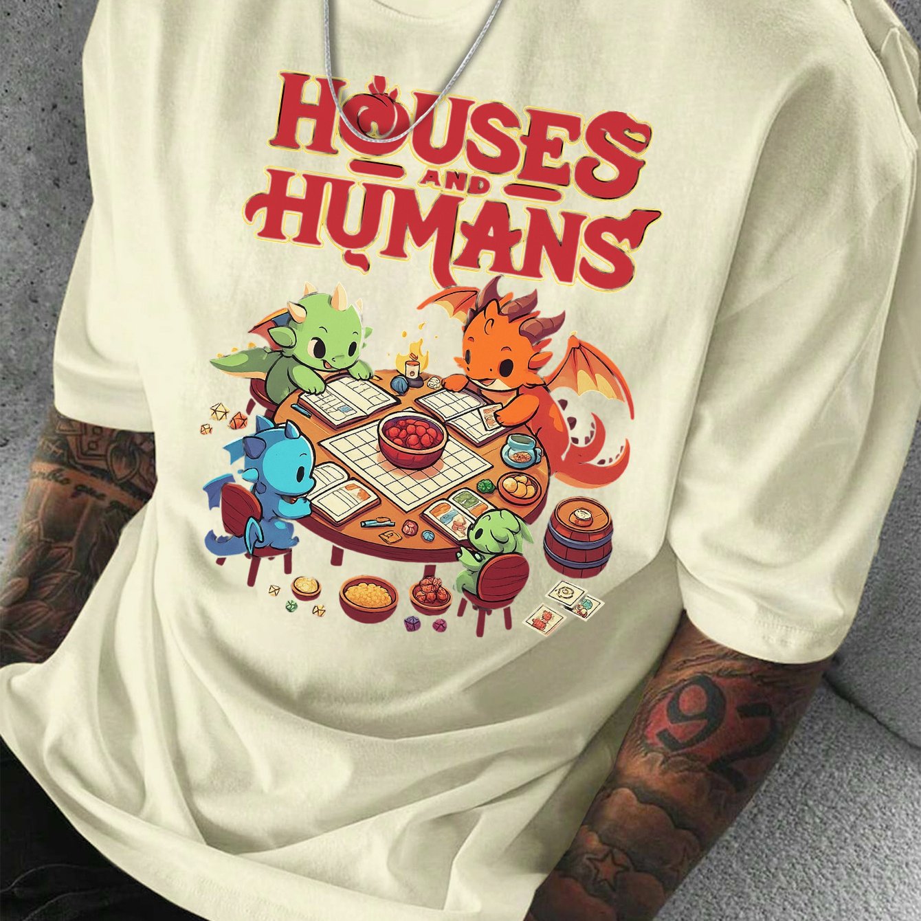 Men'S Casual Short Sleeve T-Shirt with Whimsical Dragon & Cabin Print - \