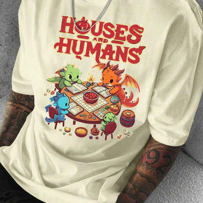 Men'S Casual Short Sleeve T-Shirt with Whimsical Dragon & Cabin Print - \