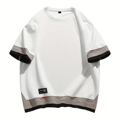 Men's Summer Short Sleeve T-Shirt - Color-Block Half-Zip Design, 100% Polyester Lightweight 100gsm