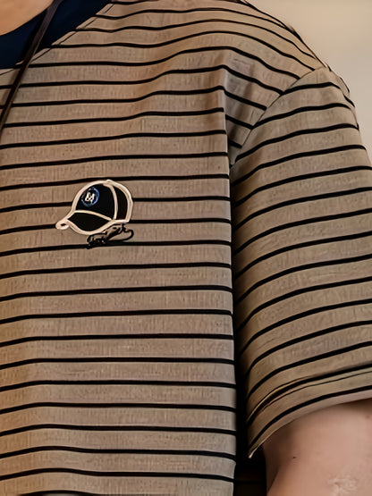 Men's Vintage Casual T-Shirt - Beige & Brown Horizontal Stripes