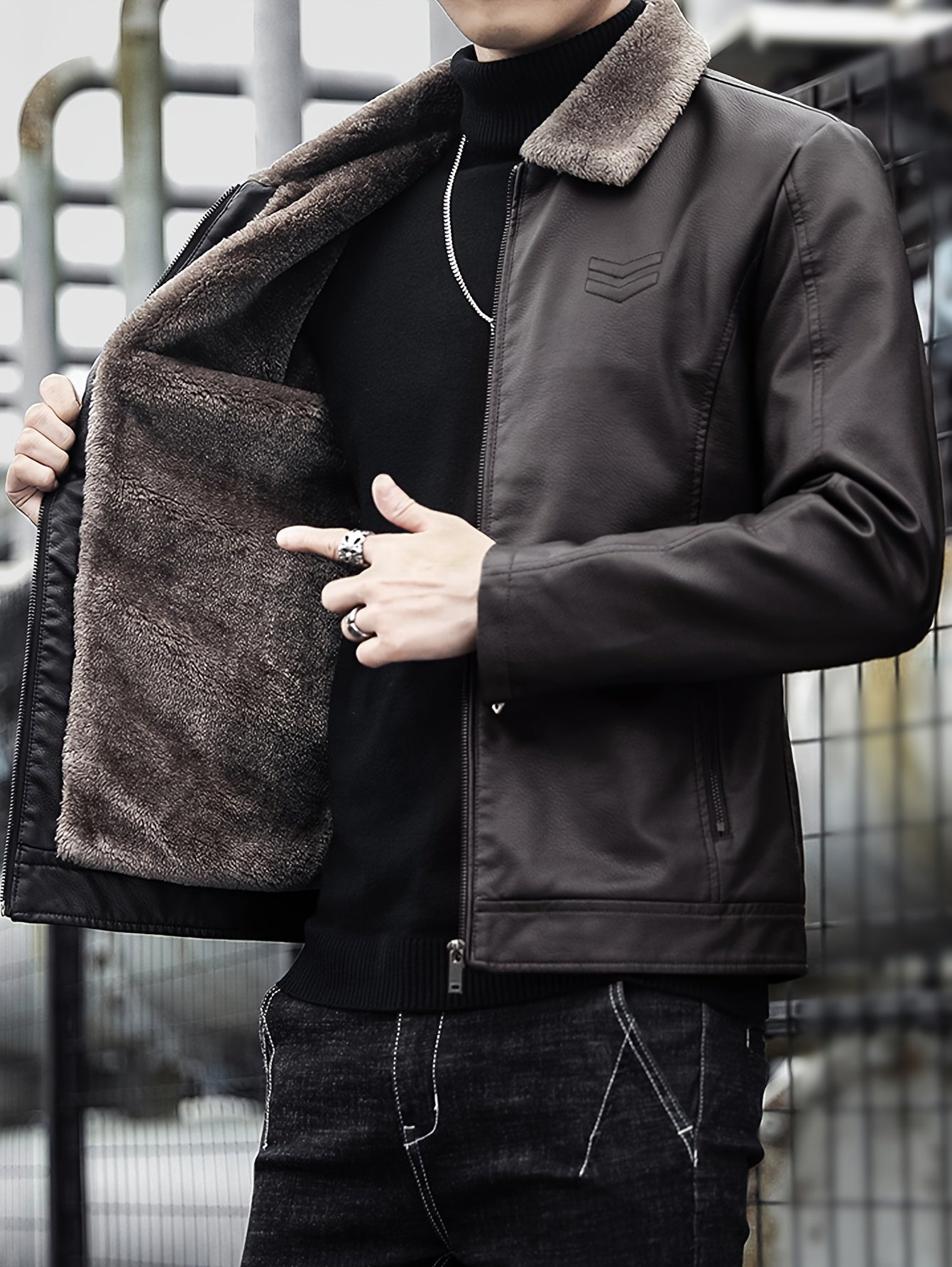 Warm Windproof PU Jacket Warm Windproof Men's Casual PU Jacket with Fleece Lining