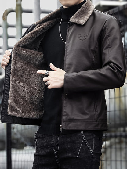 Warm Windproof PU Jacket Warm Windproof Men's Casual PU Jacket with Fleece Lining