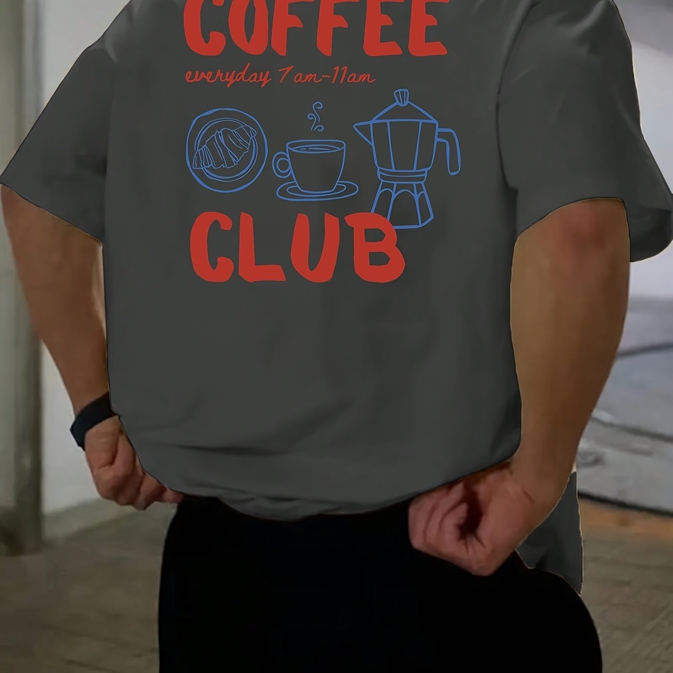 Men's short-sleeve T-shirt, 100% polyester fabric, loose fit, printed with English text and teapot design