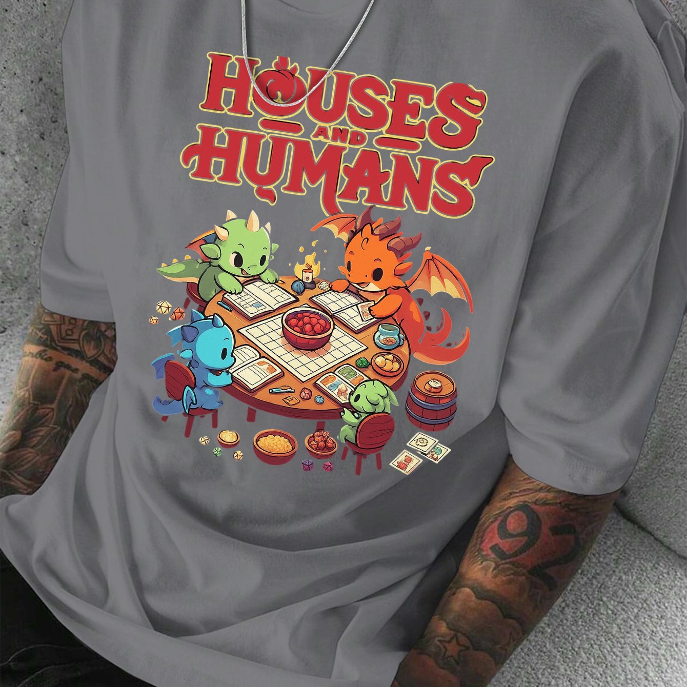 Men'S Casual Short Sleeve T-Shirt with Whimsical Dragon & Cabin Print - \