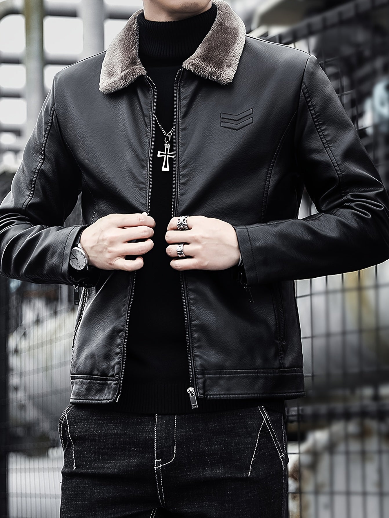 Warm Windproof PU Jacket Warm Windproof Men's Casual PU Jacket with Fleece Lining