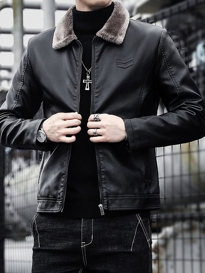 Warm Windproof PU Jacket Warm Windproof Men's Casual PU Jacket with Fleece Lining