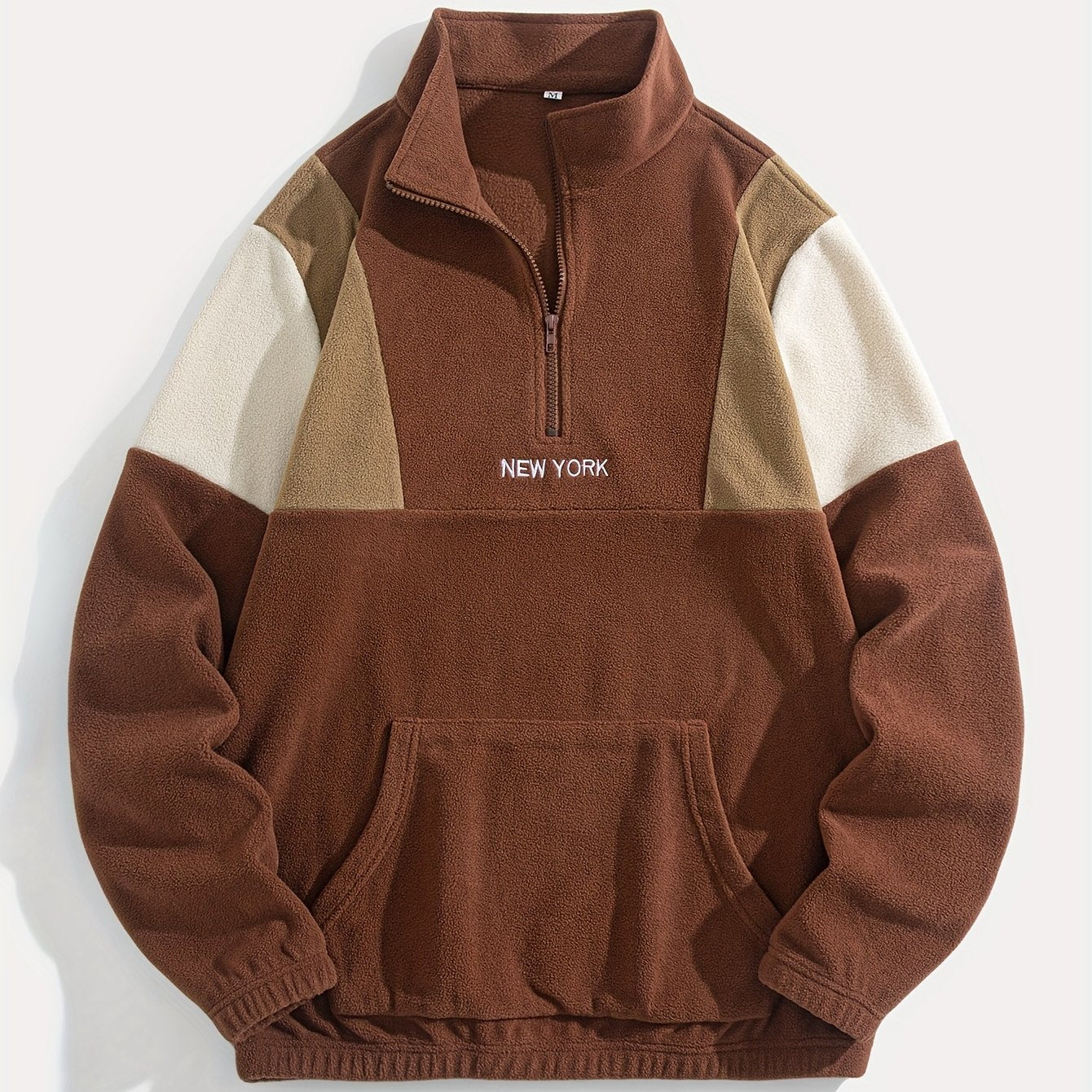 Preppy Style Embroidered Fleece Sweatshirt - Color Block Knit Fabric, Long Sleeve, Collared Neck