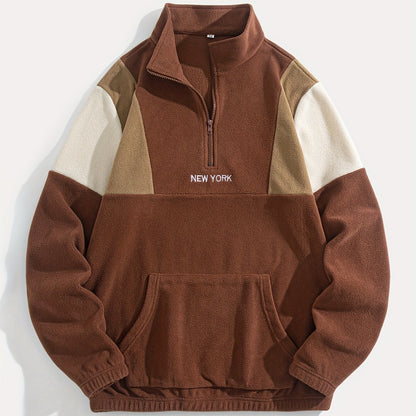 Preppy Style Embroidered Fleece Sweatshirt - Color Block Knit Fabric, Long Sleeve, Collared Neck