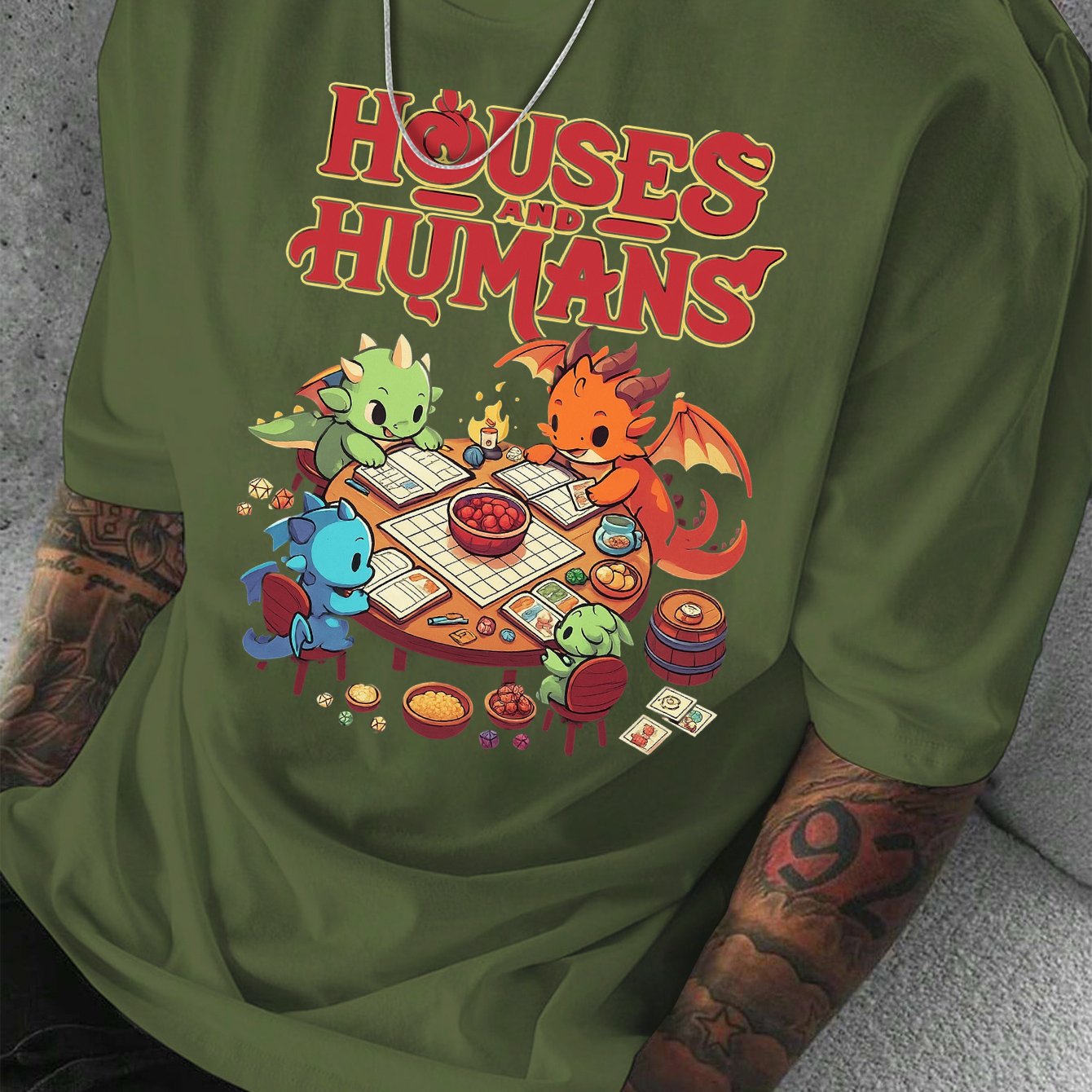 Men'S Casual Short Sleeve T-Shirt with Whimsical Dragon & Cabin Print - \