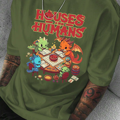 Men'S Casual Short Sleeve T-Shirt with Whimsical Dragon & Cabin Print - \