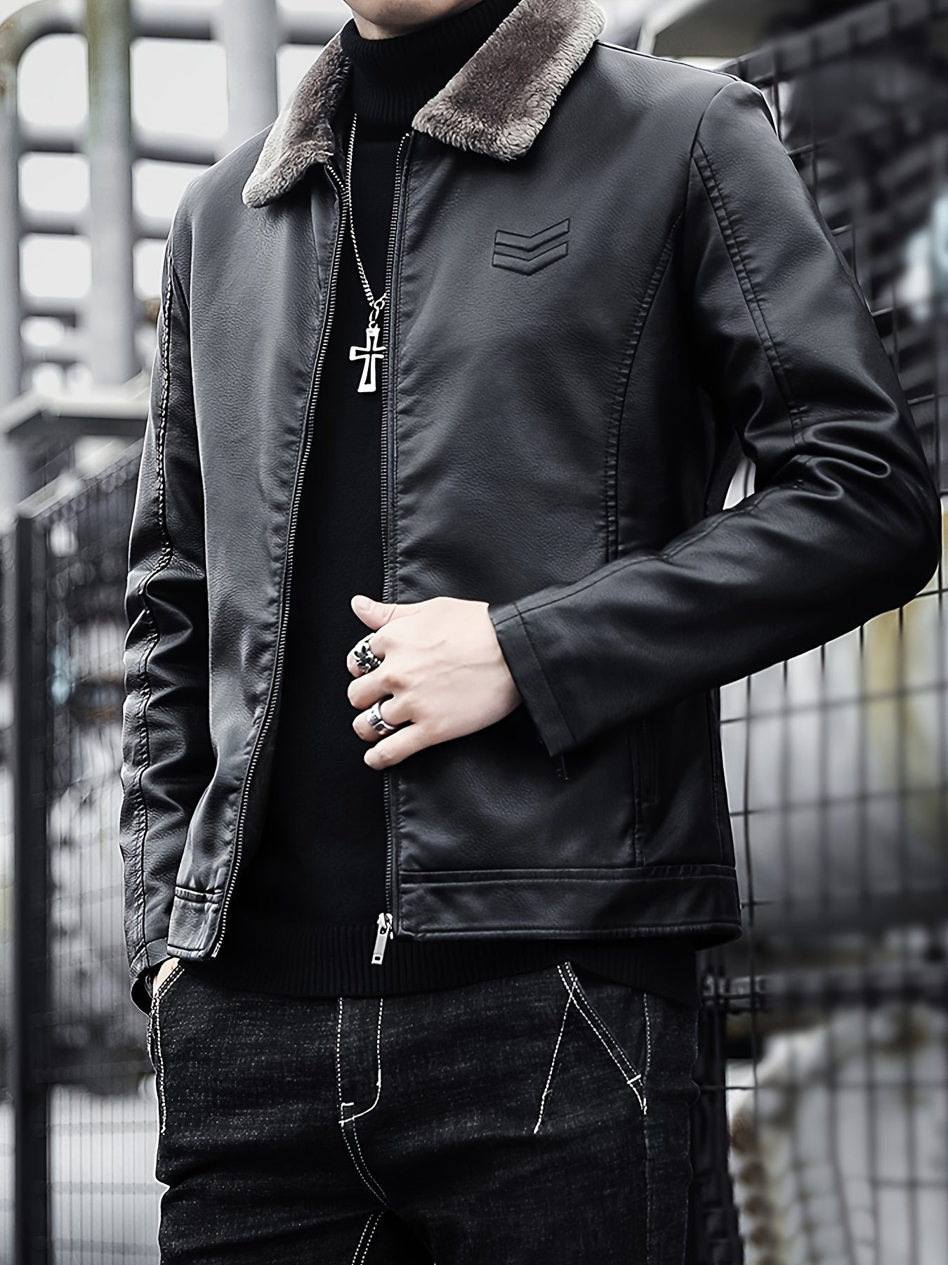 Warm Windproof PU Jacket Warm Windproof Men's Casual PU Jacket with Fleece Lining