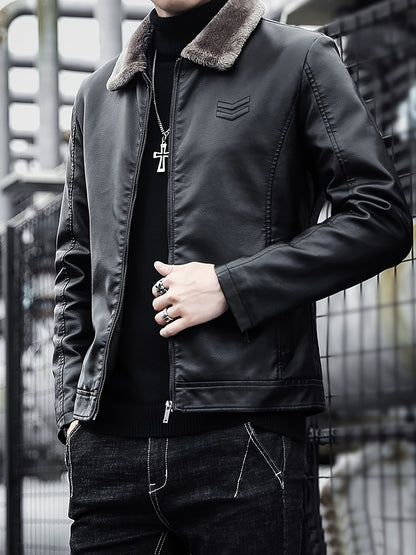 Warm Windproof PU Jacket Warm Windproof Men's Casual PU Jacket with Fleece Lining