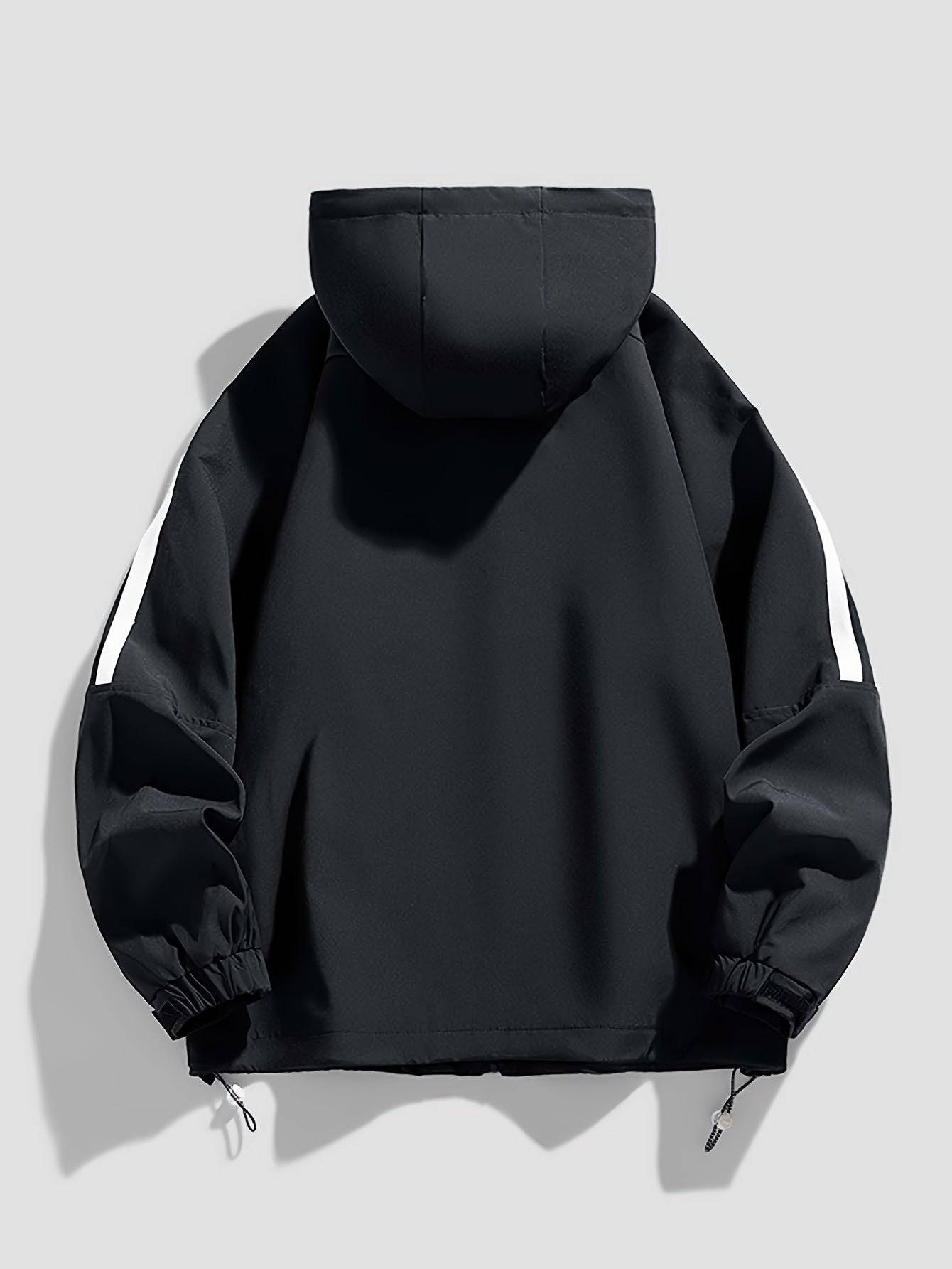 Men's Heavy-Duty Windproof Jacket - Full-Zip Hooded Windbreaker with White Stripe Collar & Cuffs